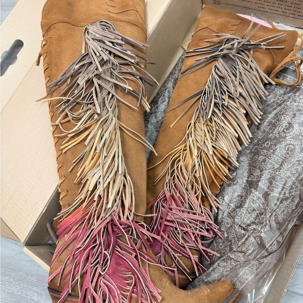 Junk Gypsy Fringe Suede Knee-High Boots - Brown and Pink